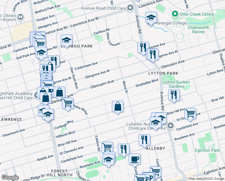 map of restaurants, bars, coffee shops, grocery stores, and more near 186 Strathallan Boulevard in Toronto