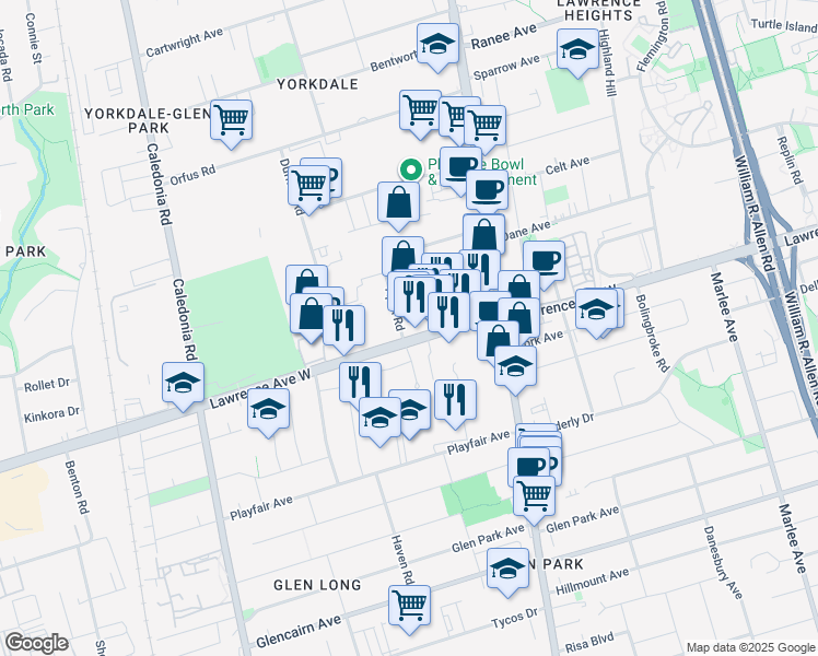 map of restaurants, bars, coffee shops, grocery stores, and more near 970 Lawrence Avenue West in Toronto