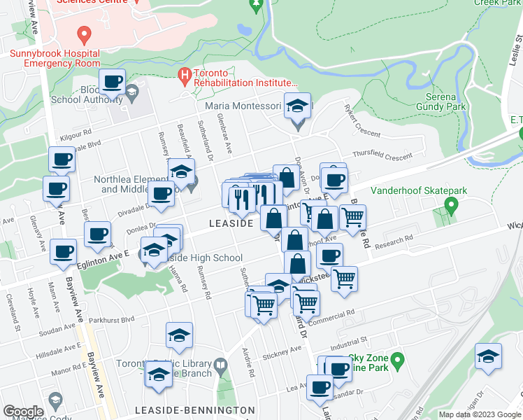 map of restaurants, bars, coffee shops, grocery stores, and more near in Toronto