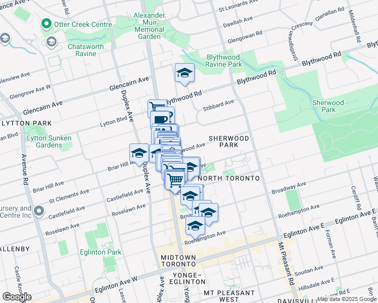 map of restaurants, bars, coffee shops, grocery stores, and more near 27 Sherwood Avenue in Toronto