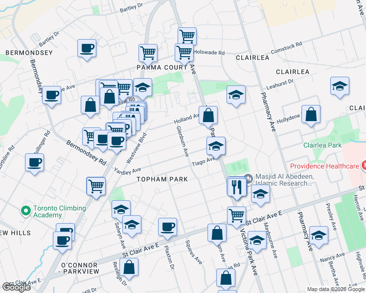 map of restaurants, bars, coffee shops, grocery stores, and more near 81 Galbraith Avenue in Toronto