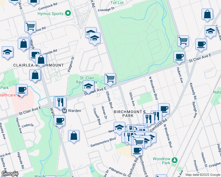 map of restaurants, bars, coffee shops, grocery stores, and more near 3431 Saint Clair Avenue East in Toronto