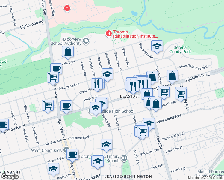 map of restaurants, bars, coffee shops, grocery stores, and more near 104 Donlea Drive in Toronto