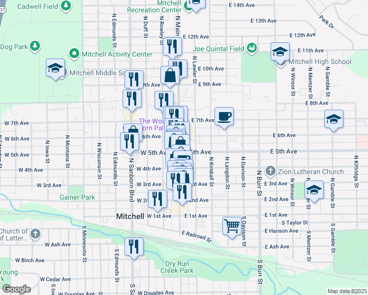 map of restaurants, bars, coffee shops, grocery stores, and more near 500 North Main Street in Mitchell