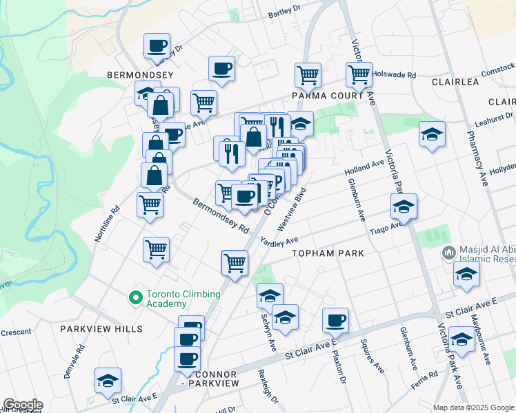 map of restaurants, bars, coffee shops, grocery stores, and more near 1450 O'Connor Drive in Toronto