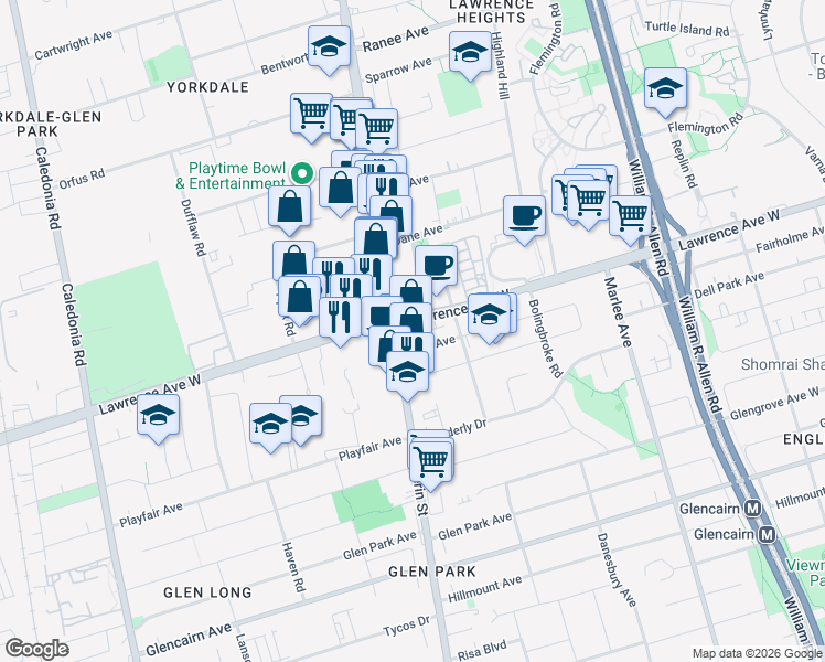 map of restaurants, bars, coffee shops, grocery stores, and more near in Toronto