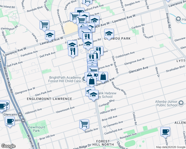 map of restaurants, bars, coffee shops, grocery stores, and more near in Toronto