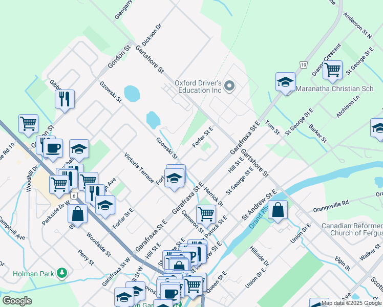 map of restaurants, bars, coffee shops, grocery stores, and more near 451 Forfar Street East in Fergus
