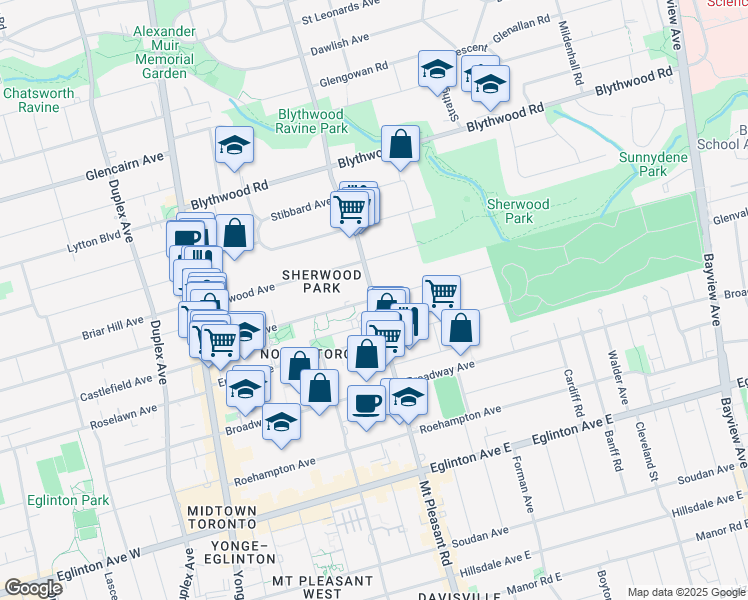map of restaurants, bars, coffee shops, grocery stores, and more near in Toronto