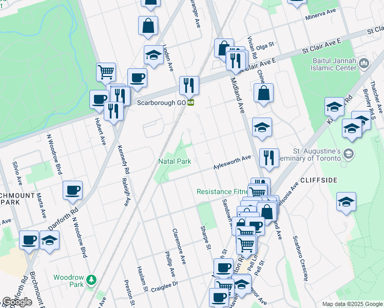 map of restaurants, bars, coffee shops, grocery stores, and more near 98 Natal Avenue in Toronto