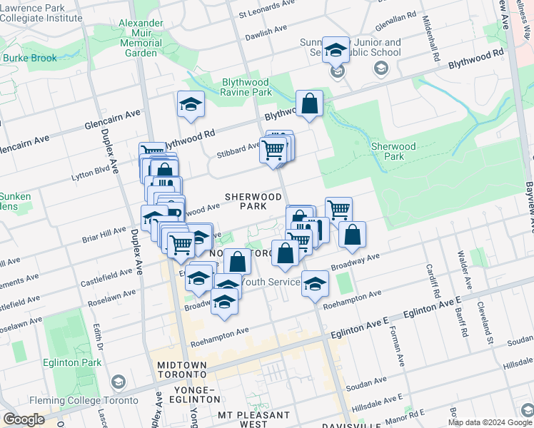 map of restaurants, bars, coffee shops, grocery stores, and more near in Toronto