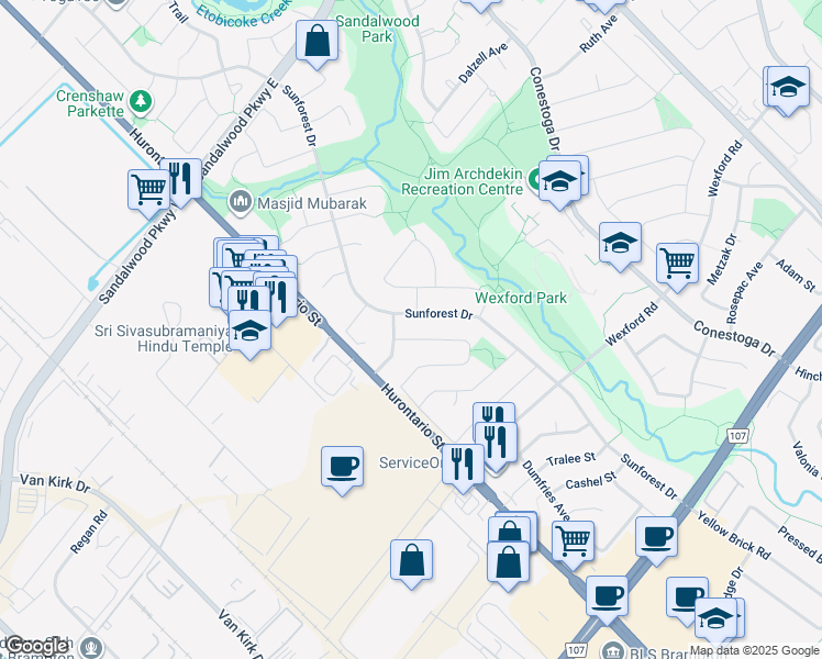 map of restaurants, bars, coffee shops, grocery stores, and more near 143 Sunforest Drive in Brampton