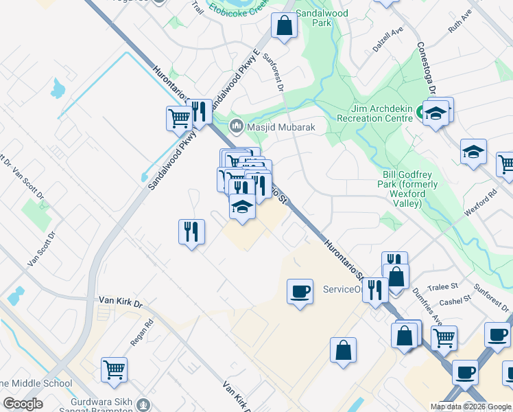 map of restaurants, bars, coffee shops, grocery stores, and more near 13 Fisherman Drive in Brampton