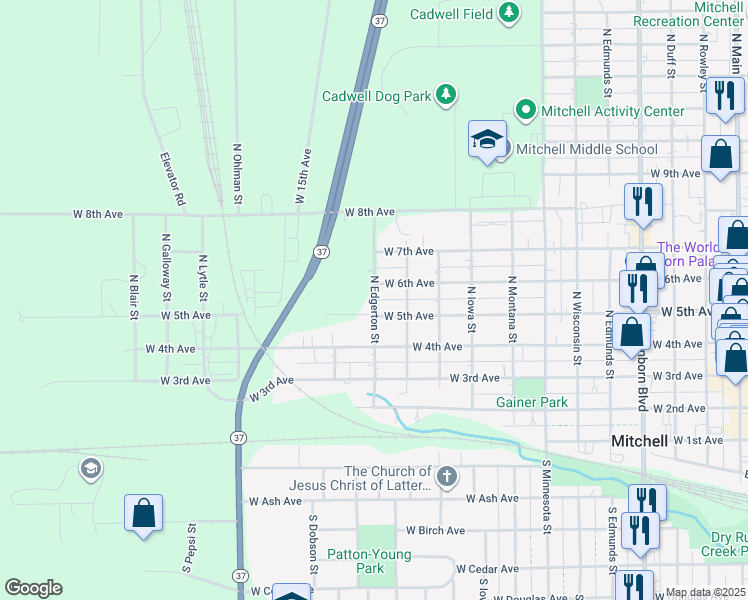 map of restaurants, bars, coffee shops, grocery stores, and more near 605 North Edgerton Street in Mitchell