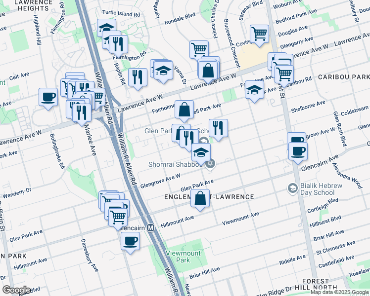 map of restaurants, bars, coffee shops, grocery stores, and more near 5 Fraserwood Avenue in Toronto
