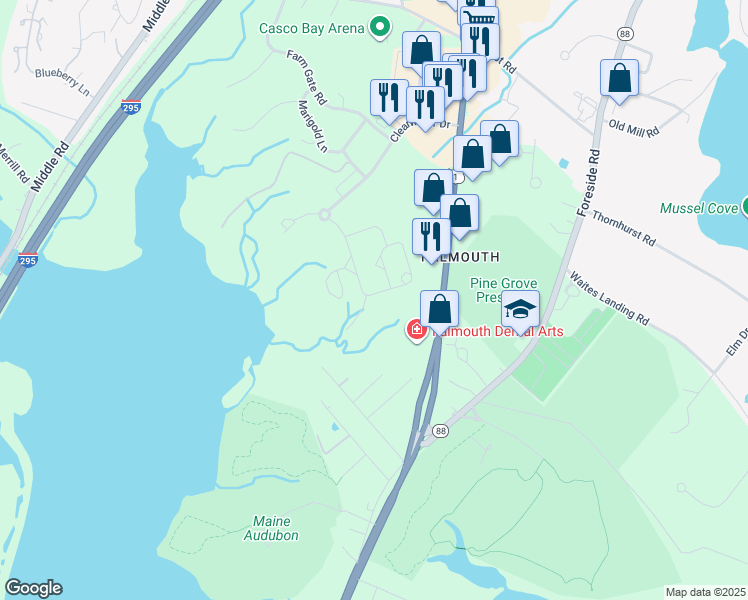 map of restaurants, bars, coffee shops, grocery stores, and more near 117 Clearwater Drive in Falmouth