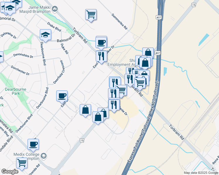 map of restaurants, bars, coffee shops, grocery stores, and more near 2150 Steeles Avenue East in Brampton
