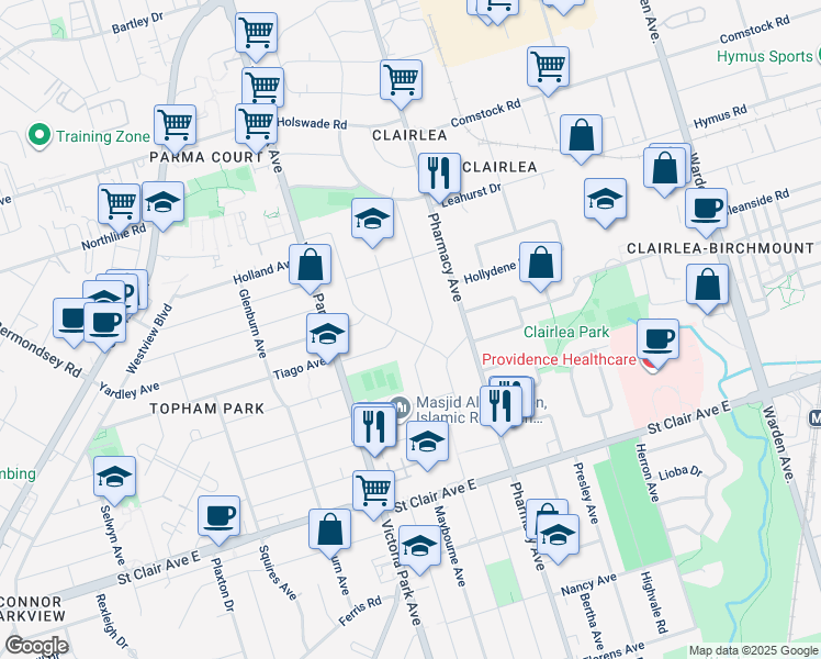 map of restaurants, bars, coffee shops, grocery stores, and more near in Toronto