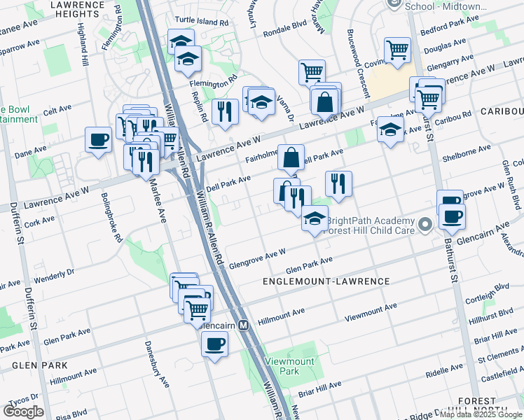 map of restaurants, bars, coffee shops, grocery stores, and more near in Toronto