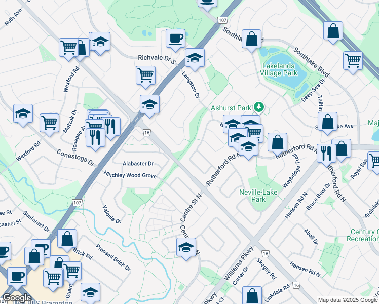map of restaurants, bars, coffee shops, grocery stores, and more near 38 Winterfold Drive in Brampton
