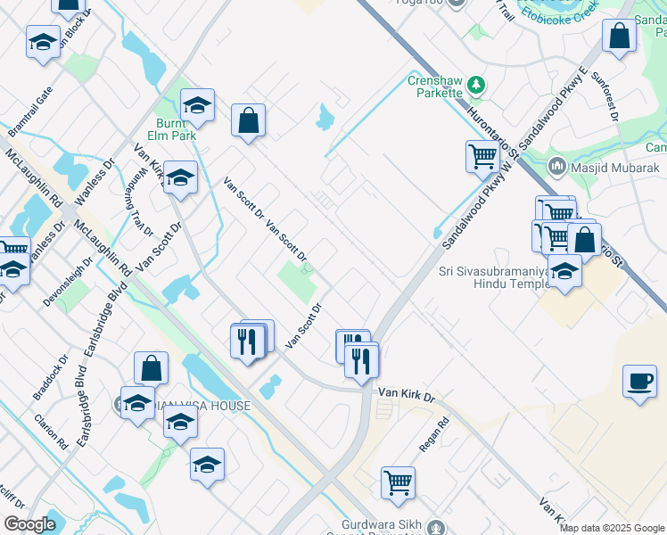map of restaurants, bars, coffee shops, grocery stores, and more near in Brampton