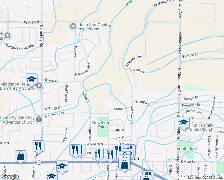 map of restaurants, bars, coffee shops, grocery stores, and more near 3 East 8th Street North in Middleton