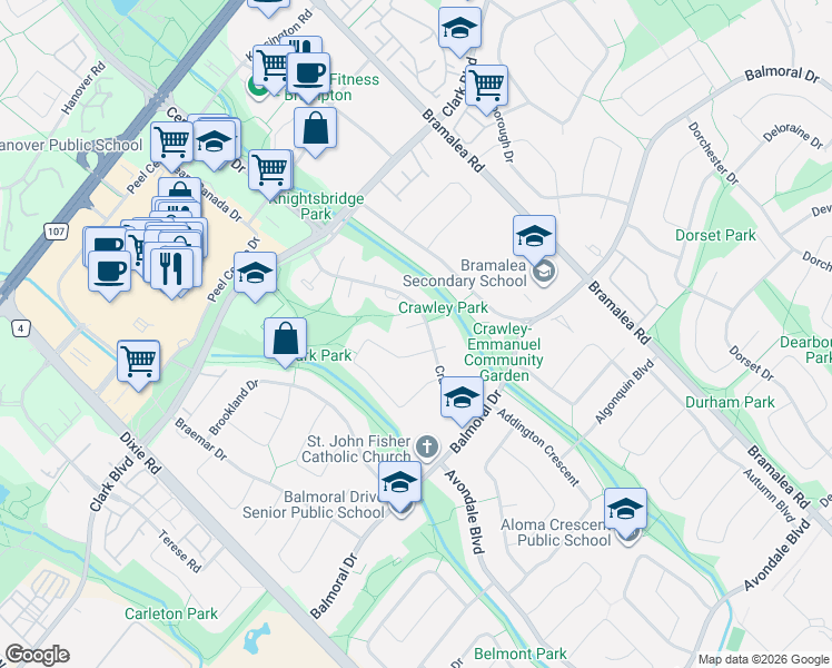 map of restaurants, bars, coffee shops, grocery stores, and more near 3 Caledon Court in Brampton