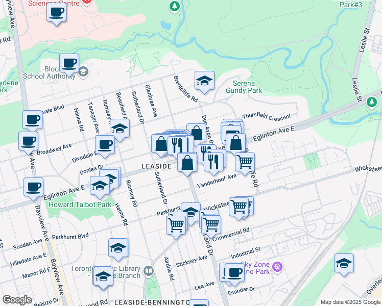 map of restaurants, bars, coffee shops, grocery stores, and more near 892 Eglinton Avenue East in Toronto