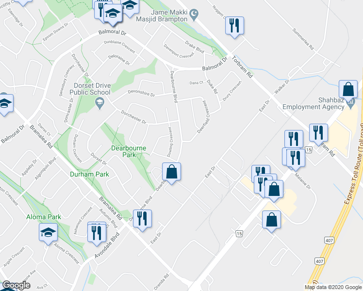 map of restaurants, bars, coffee shops, grocery stores, and more near Dearbourne Boulevard in Brampton