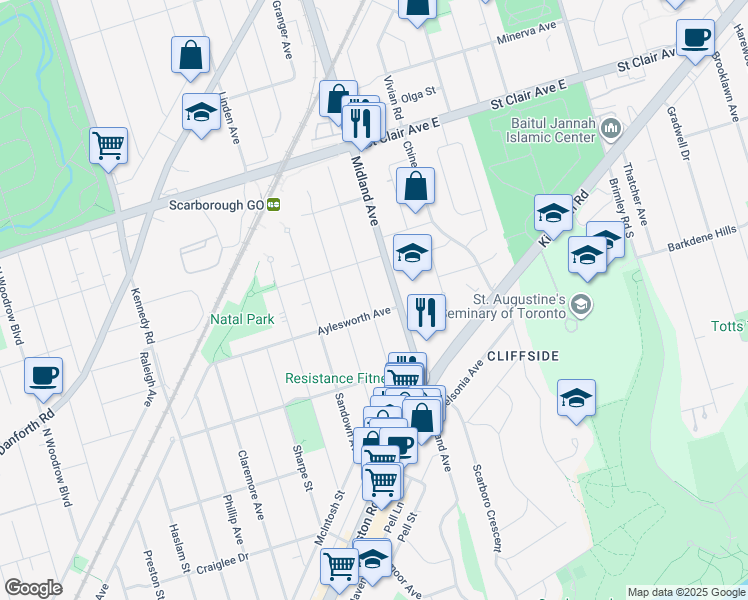 map of restaurants, bars, coffee shops, grocery stores, and more near 75 Heale Avenue in Toronto