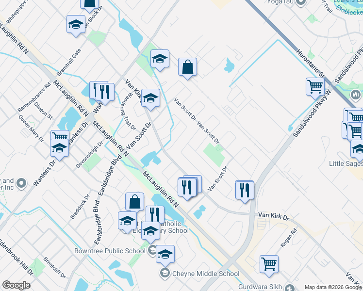 map of restaurants, bars, coffee shops, grocery stores, and more near 64 Orchid Drive in Brampton