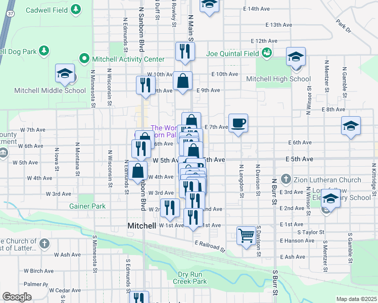 map of restaurants, bars, coffee shops, grocery stores, and more near 121 West 6th Avenue in Mitchell