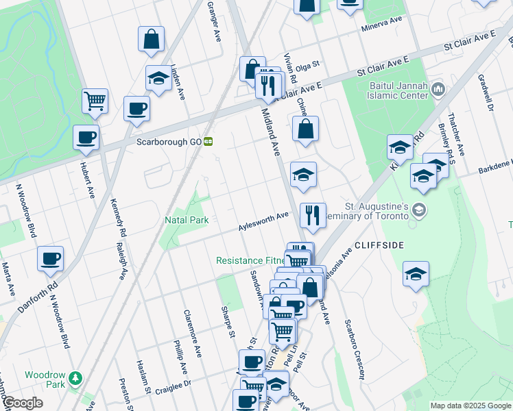 map of restaurants, bars, coffee shops, grocery stores, and more near in Toronto
