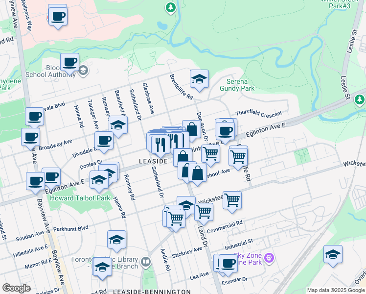 map of restaurants, bars, coffee shops, grocery stores, and more near in Toronto