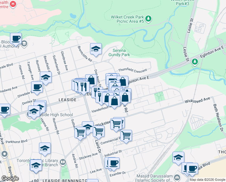 map of restaurants, bars, coffee shops, grocery stores, and more near 33 Frederick Todd Way in Toronto