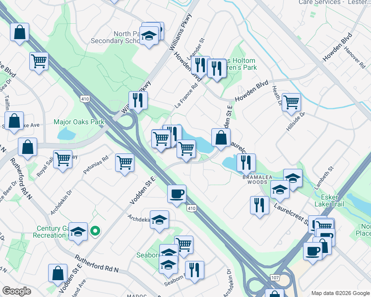 map of restaurants, bars, coffee shops, grocery stores, and more near 439 Vodden Street East in Brampton