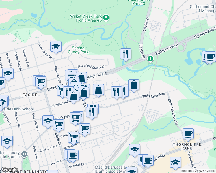 map of restaurants, bars, coffee shops, grocery stores, and more near in Toronto