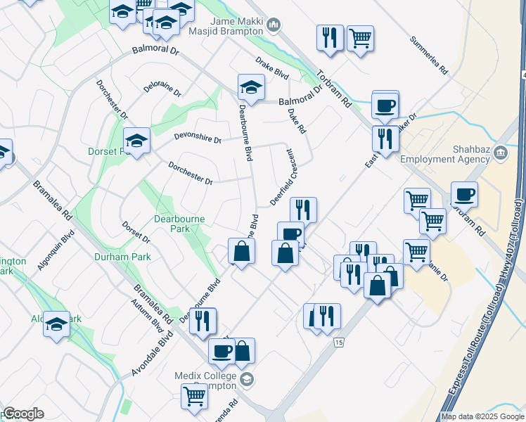 map of restaurants, bars, coffee shops, grocery stores, and more near 1 Deerfield Crescent in Brampton