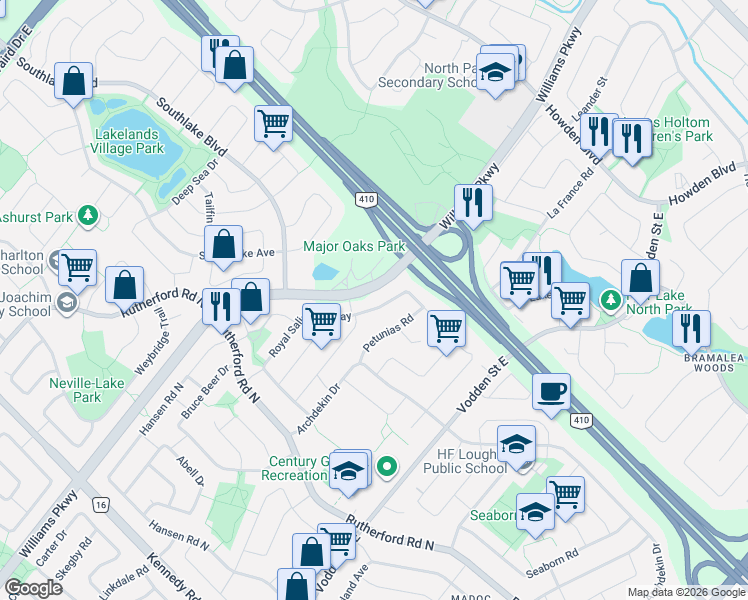 map of restaurants, bars, coffee shops, grocery stores, and more near 180 Royal Salisbury Way in Brampton