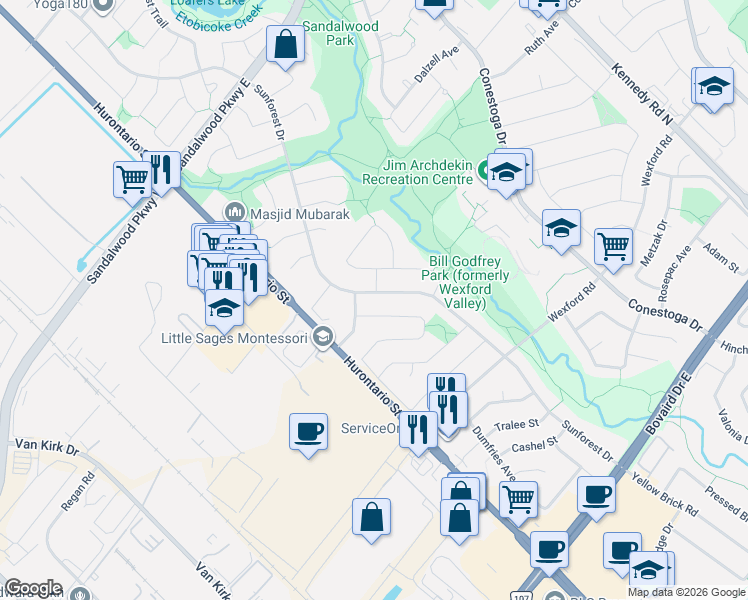 map of restaurants, bars, coffee shops, grocery stores, and more near 110 Sunforest Drive in Brampton