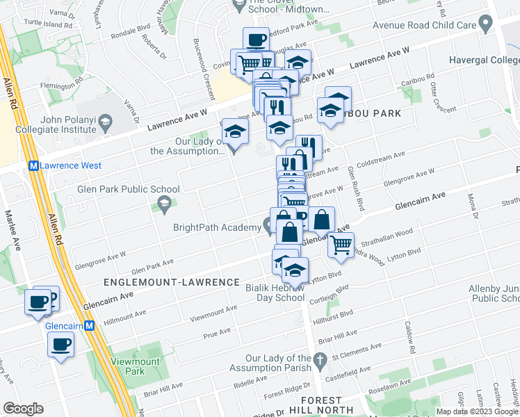 map of restaurants, bars, coffee shops, grocery stores, and more near 518 Glengrove Avenue West in Toronto
