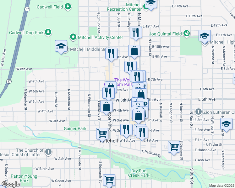 map of restaurants, bars, coffee shops, grocery stores, and more near 218-298 W 6th Ave in Mitchell