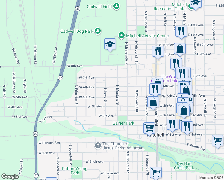 map of restaurants, bars, coffee shops, grocery stores, and more near 800-898 West 6th Avenue in Mitchell