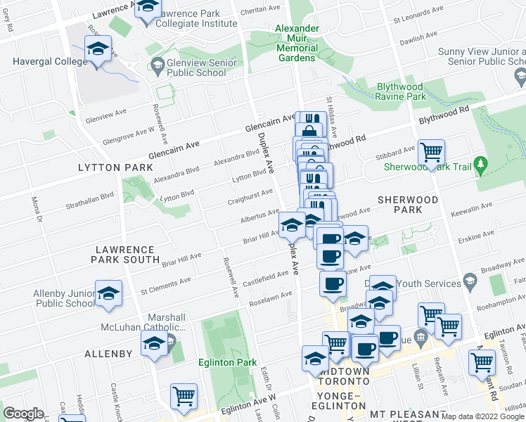 map of restaurants, bars, coffee shops, grocery stores, and more near 108 Albertus Avenue in Toronto