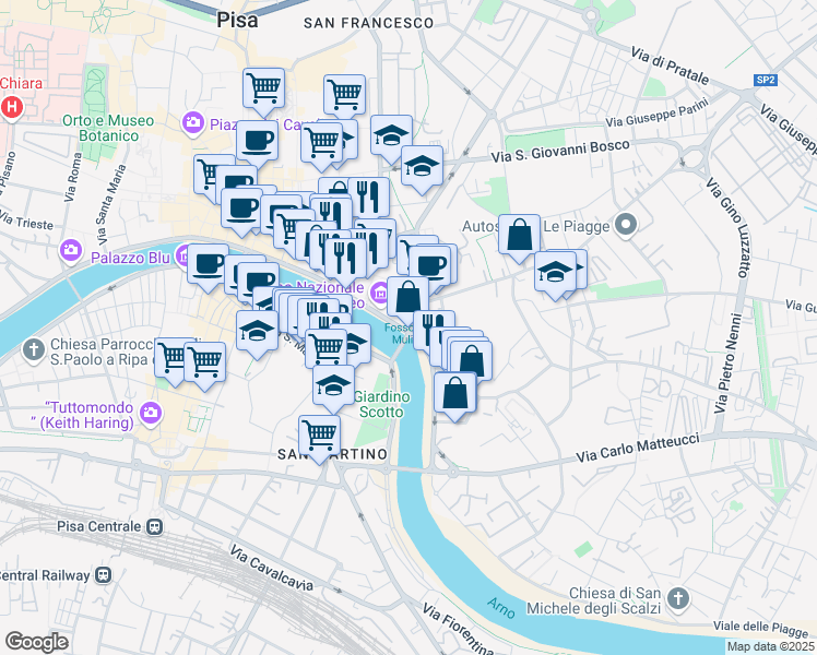 map of restaurants, bars, coffee shops, grocery stores, and more near 13-21 Via Santa Marta in Pisa