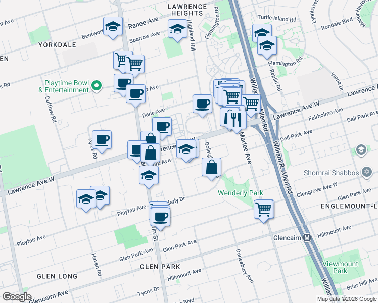 map of restaurants, bars, coffee shops, grocery stores, and more near 52B Cork Avenue in Toronto