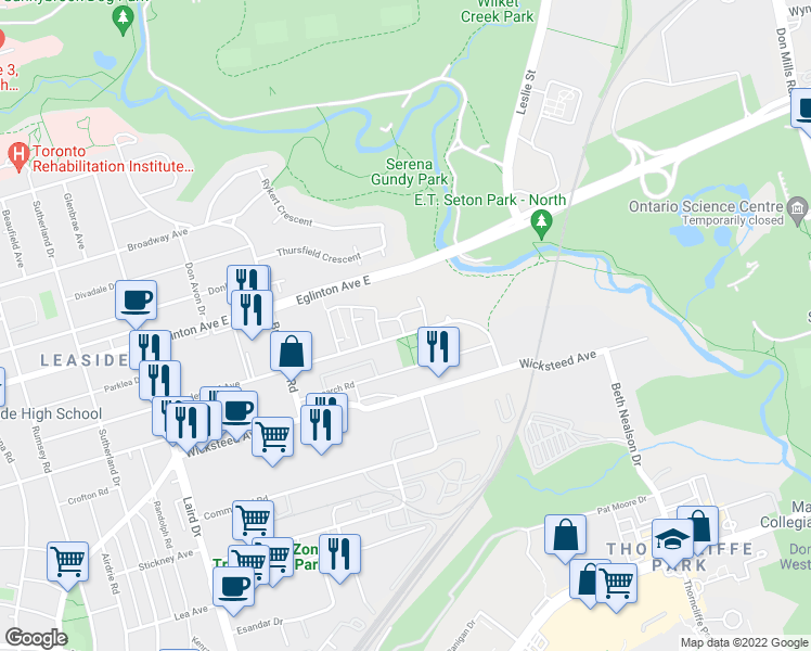 map of restaurants, bars, coffee shops, grocery stores, and more near 3 Brian Peck Crescent in Toronto