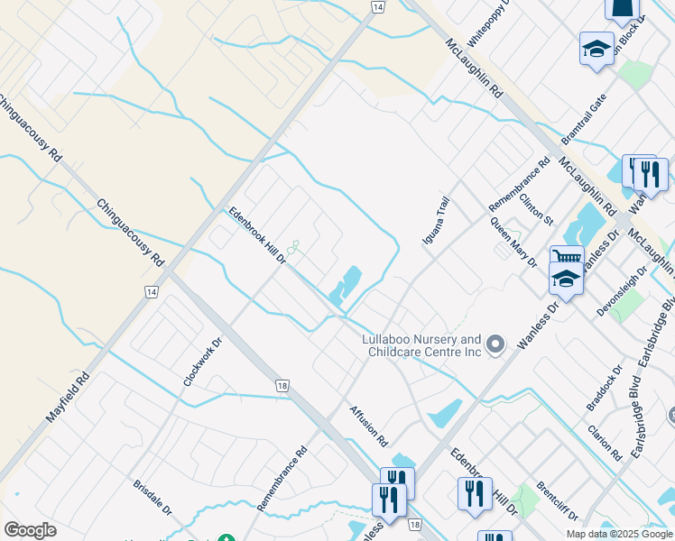 map of restaurants, bars, coffee shops, grocery stores, and more near 102 Mincing Trail in Brampton