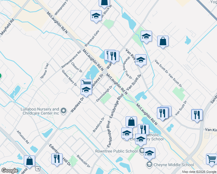 map of restaurants, bars, coffee shops, grocery stores, and more near in Brampton
