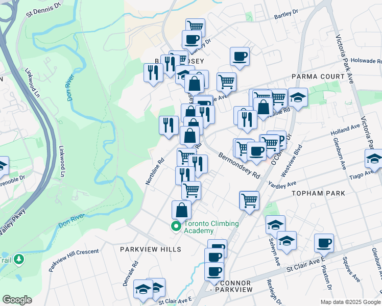 map of restaurants, bars, coffee shops, grocery stores, and more near 46 Hollinger Road in Toronto